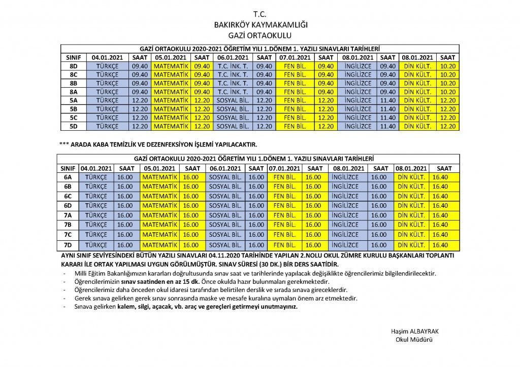 2020 2021 egitim ogretim yili 1 ortak sinav takvimimiz gazi ortaokulu